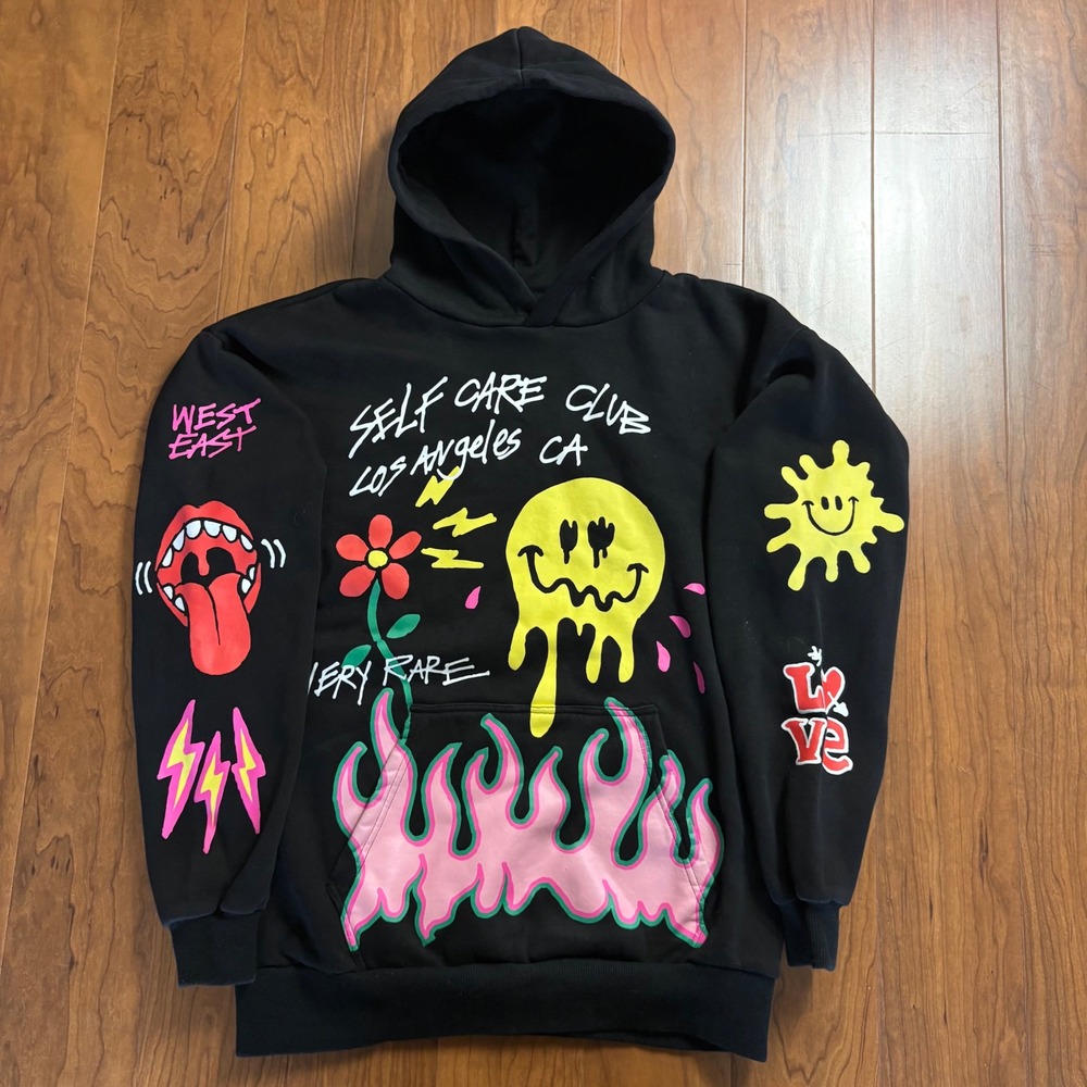 PacSun Self Care Club Los Angeles CA Graphic Hoodie Black Size S Streetwear